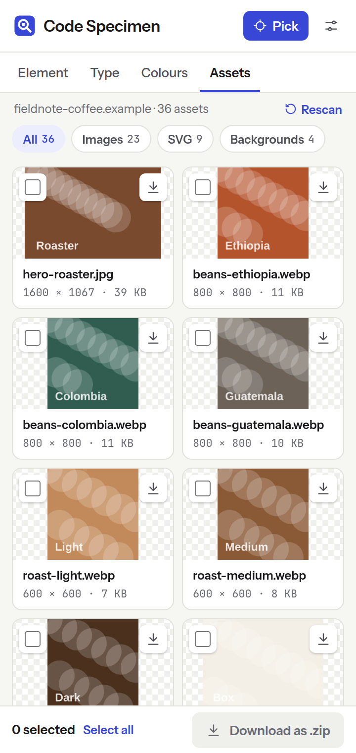 The Assets tab showing the page's images in a grid, with a button to download a selection as a zip.