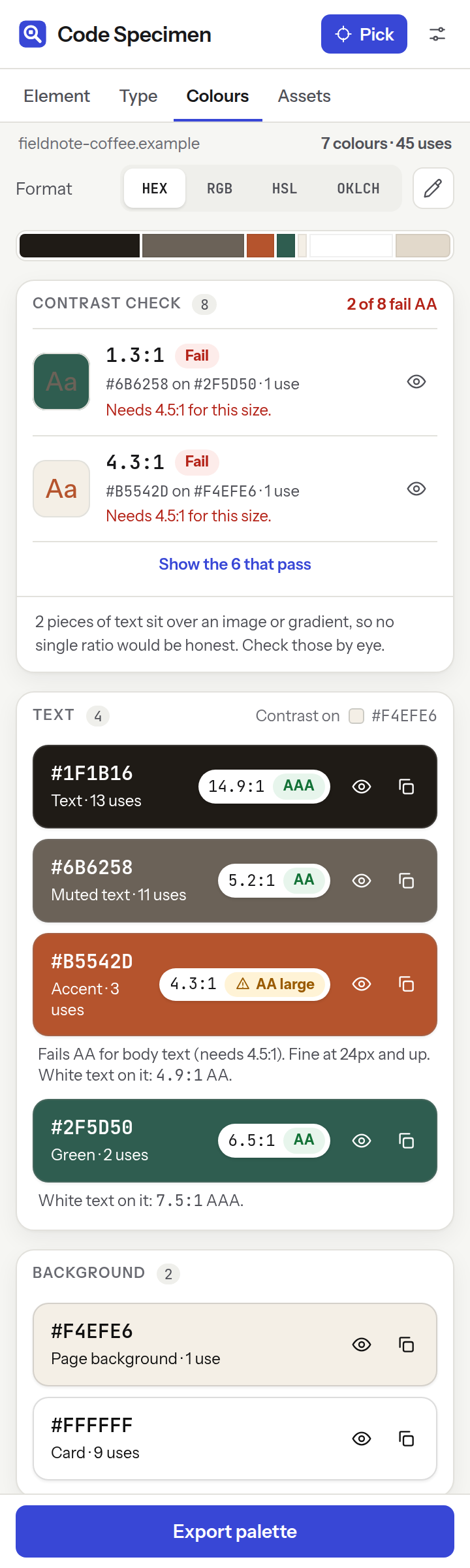 The Colours tab showing the page's palette, each colour with its contrast rating.