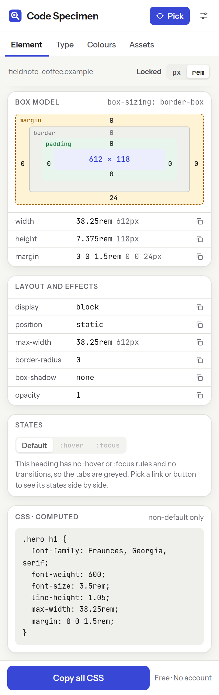 The Element tab showing the locked heading's box model and its CSS.