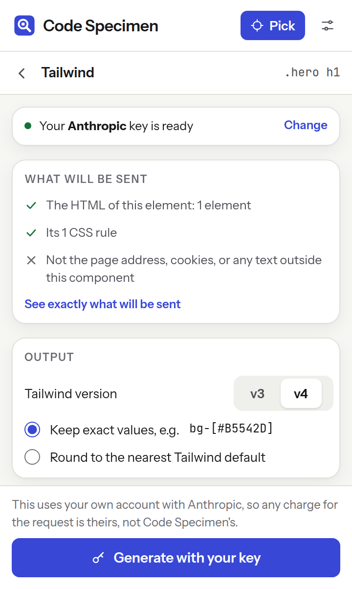 The Tailwind view with a key ready, listing what will be sent: the element's HTML and its CSS rules, and not the page address or cookies.