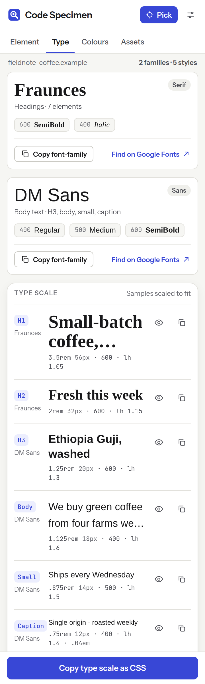 The Type tab listing the page's text styles from H1 down, with family, size and weight.